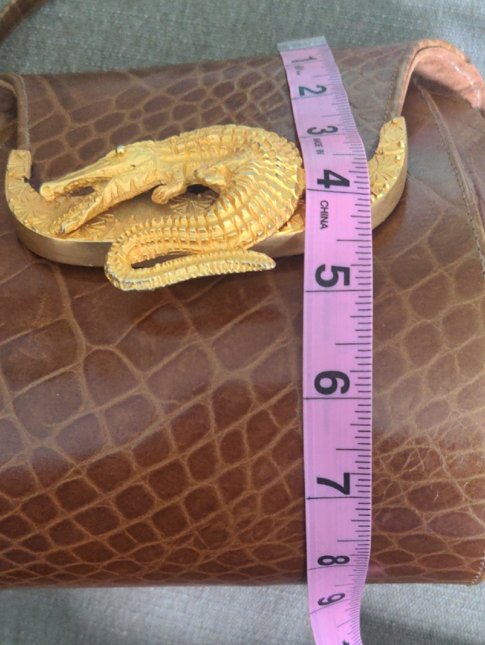 Vintage Faux  Crocodile Crossbody Bag,,  Structured, Heavy Brass Crocodile, - Picture 12 of 14